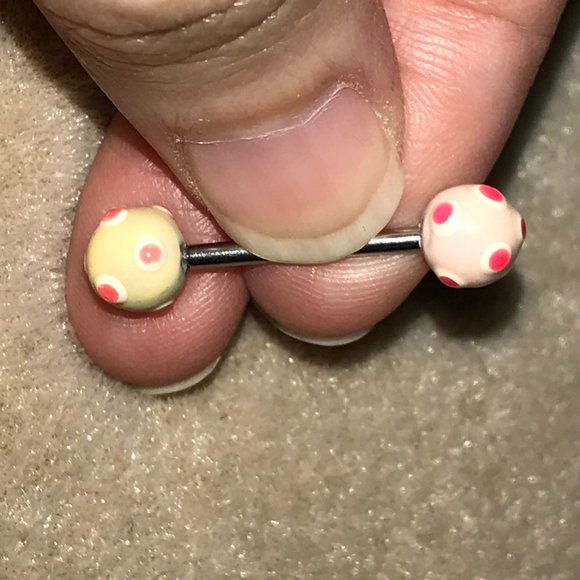 14 Gauge White and Pink Polka Dot Design Tongue Ring - Picture 3 of 4